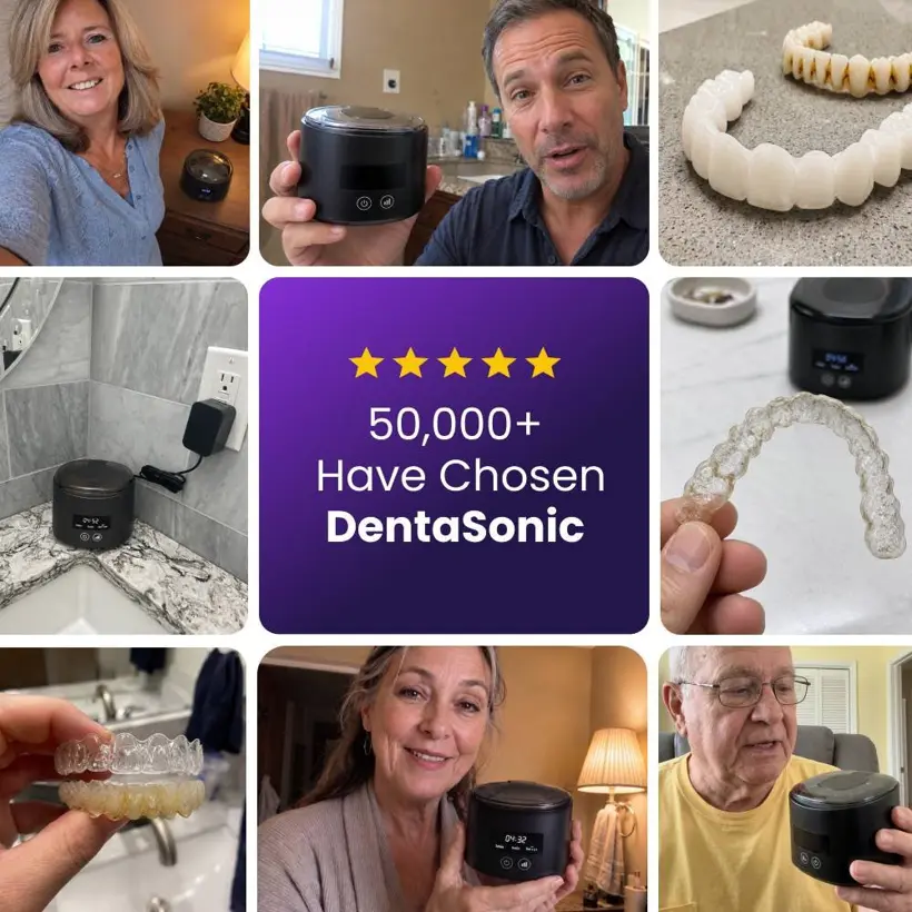 Collage of people using DentaSonic with retainers, aligners and dentures
