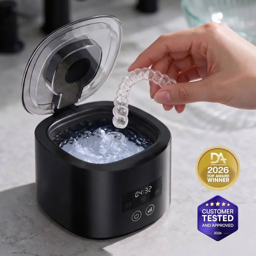 DentaSonic ultrasonic cleaner with a clear aligner being lowered into the tank